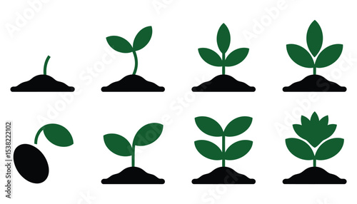 Green plant, leaf, and tree icons symbolizing nature, growth, and eco-friendly design concepts