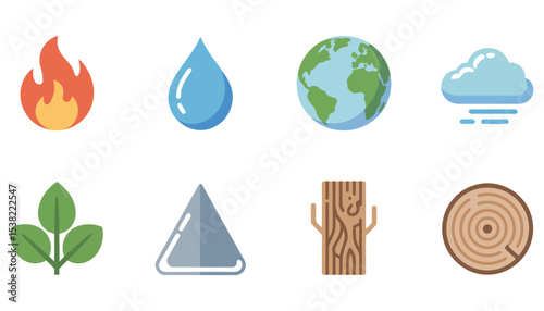 Green ecology icons set: vector illustration of water drop, earth, and leaf symbols for nature concept web design
