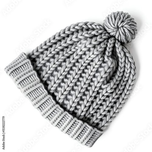 Warm gray knitted bobble hat flat lay isolated on white background, casual winter clothing.
