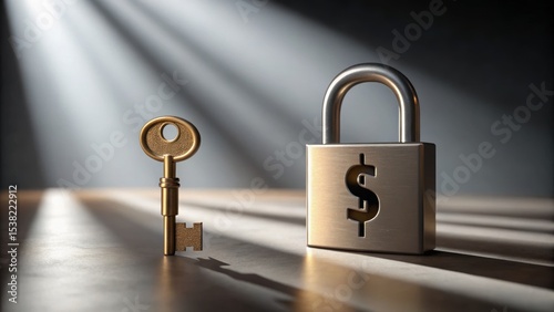 A key next to a locked padlock featuring a dollar sign, illuminated by beams of light, symbolizes security and financial concepts.