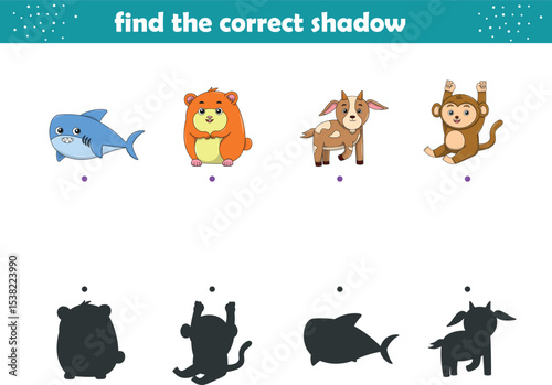 Funny cartoon wild life. Find the correct shadow. Kids Education games. Cartoon vector illustration