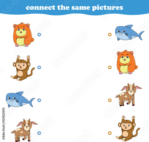 Education game for children connect the same picture of cute cartoon wild animal printable. Vector Illustration