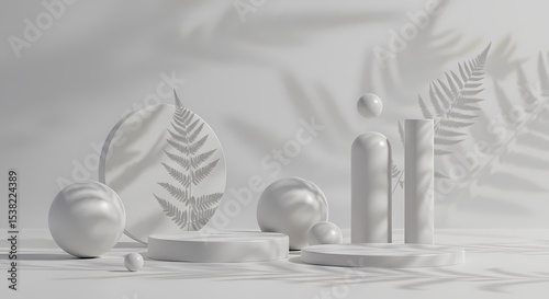 Light Gray Fresh Plant Still Life Background, Three - dimensional Shapes and Green Plants Blend to Show Healing Style