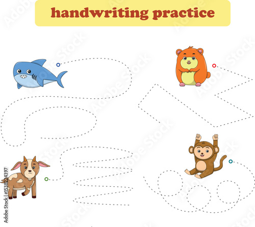 Handwriting Practice. Tracing lines for kids with animals. Vector Illustration