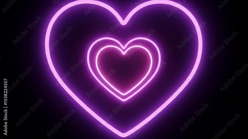 Glowing purple emoji heart animation with neon light effect in the center of black screen background
