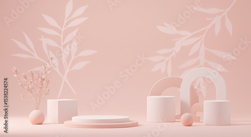 Light Pink Soft Plant Shadow Background, Delicate Shadows and Three - dimensional Elements Convey Warmth