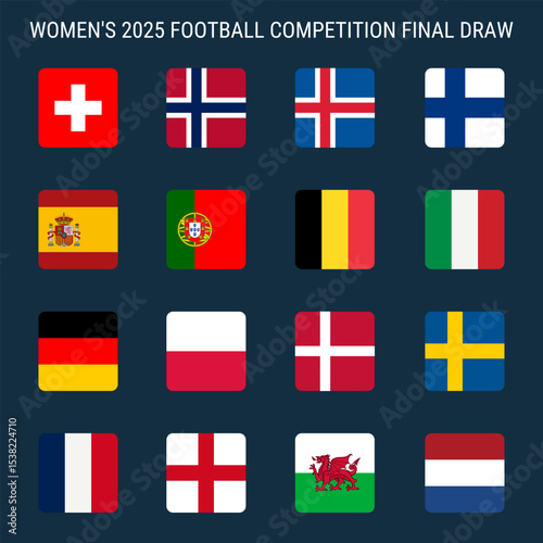 Women's 2025 Football competition teams square flag icons with rounded corners