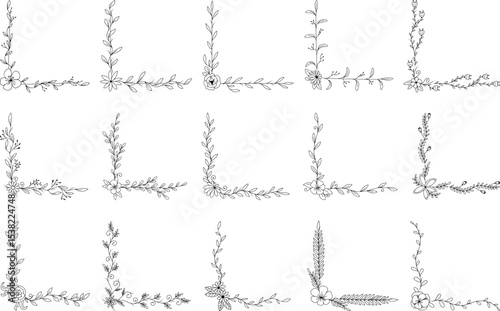 Elegant hand-drawn floral corner dividers featuring botanical line art for wedding invitations, stationery, decorative borders, natural frame design, and minimalist floral ornament projects.

