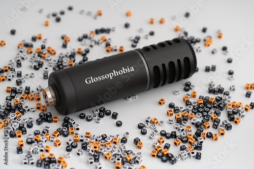 A black microphone labeled 'Glossophobia' surrounded by a scattered assortment of letters and numbers, symbolizing the fear of public speaking, speech anxiety, or struggle to find the right words