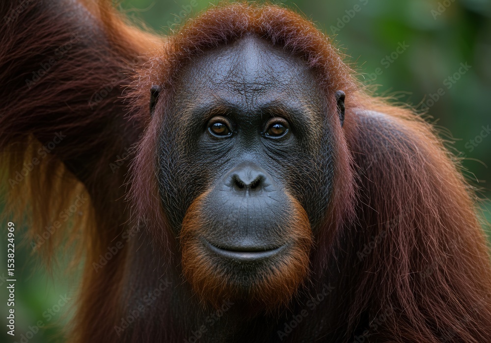 Close-up portrait of an orangutan, showcasing its expressive face and reddish-brown fur against a blurred green forest background. Close-up portrait of an orangutan, showcasing its expressive face and reddish-brown fur against a blurred green forest background.