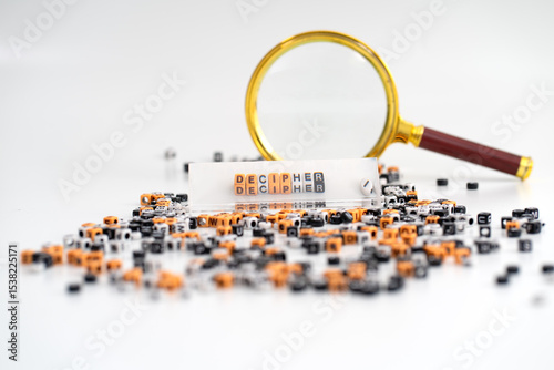 A prism refracts the word 'Decipher,' casting it amid scattered letters and numbers, symbolizing the journey of interpretation, analysis, and discovery