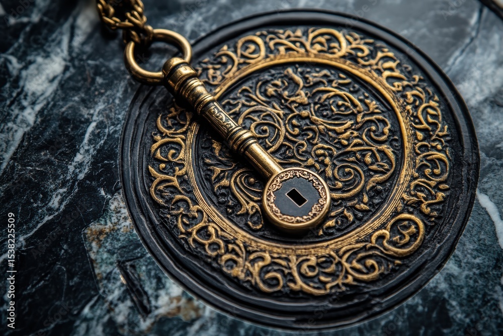 Fototapeta premium Detailed Close-Up of Ornate Lock and Key on Decorative Marble Surface