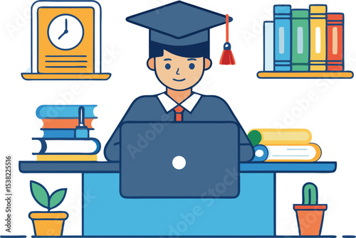 A vector design of a graduate student diligently working on their laptop, surrounded by books and study materials, isolated on white background