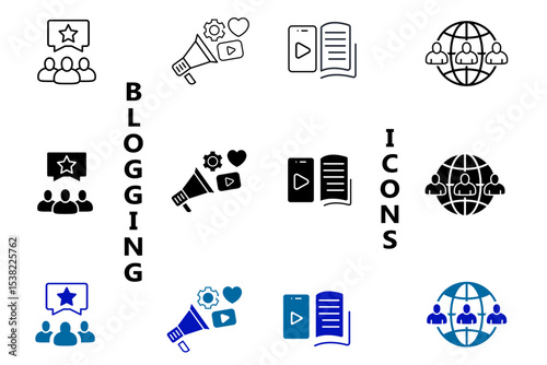 Blogging icons set. Influencer, content, creation, like, vlogging, blog, vlogger, social media, followers, personal brand, video equipment and digital marketing icons. Editable vector illustration