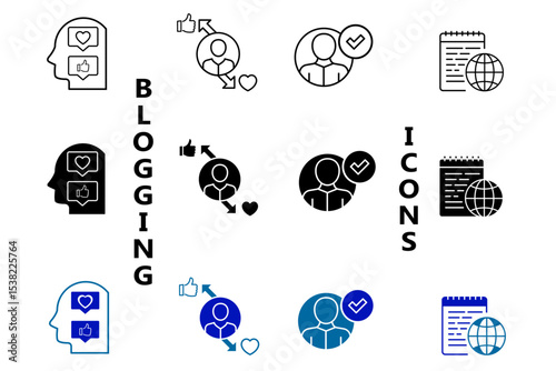 Blogging icons set. Influencer, content, creation, like, vlogging, blog, vlogger, social media, followers, personal brand, video equipment and digital marketing icons. Editable vector illustration