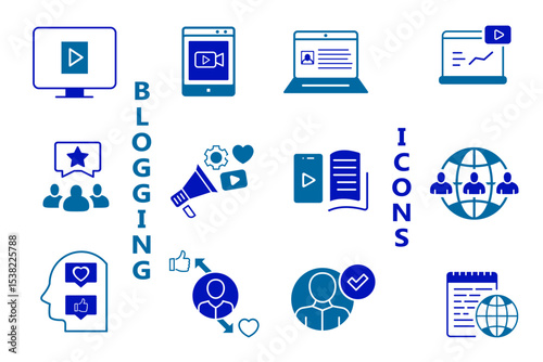 Blogging flat icon set. Influencer, content, creation, like, vlogging, blog, vlogger, social media, followers, personal brand, video equipment and digital marketing icons. Editable vector illustration