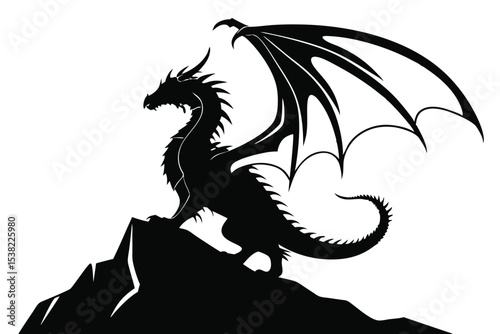Majestic dragon perched upon rugged peak reveals intricate wing silhouette against a bright backdrop