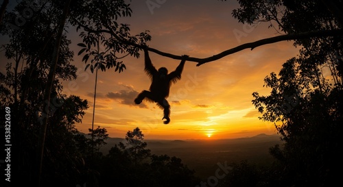 Orangutan silhouette hanging from a tree branch at sunset, overlooking a vast landscape.