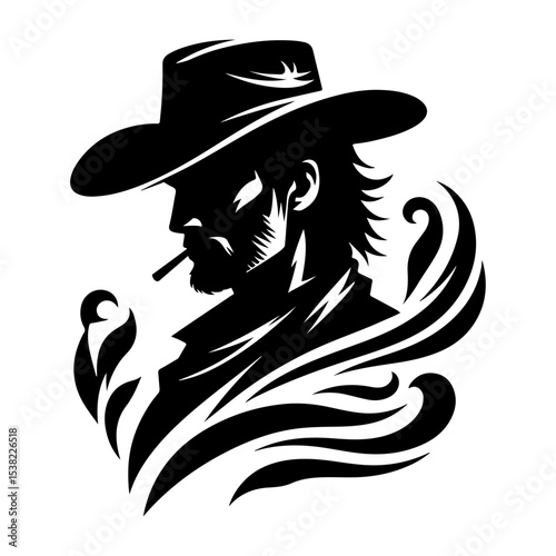"Cowboy Silhouette Pictogram Icon Vector Depicting a Western Hero with Hat, Lasso, and Boots in a Classic Minimal Black Design"