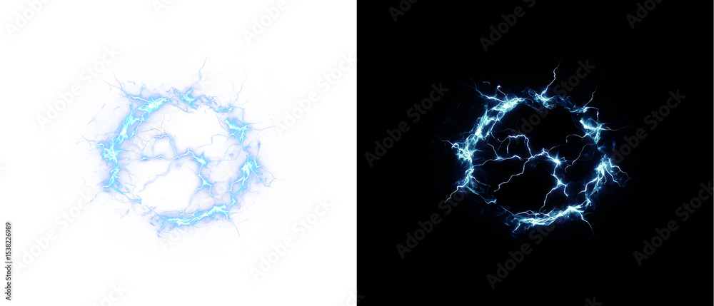 Fototapeta premium Effect, lightning, ball, magic, and glow merge in this blue energy PNG. A transparent PNG Overlay with 3D thunder sparks perfect for tech, plasma, or futuristic explosion designs.