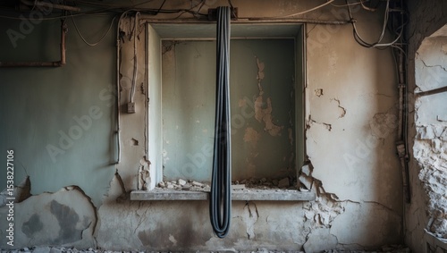 An abandoned cable hanging on the wall in a dilapidated room with cracked walls and exposed wiring.