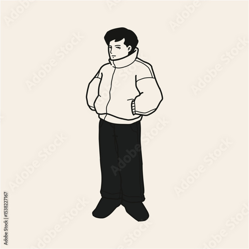 Stylish Line Art Illustration of a Person Wearing a Puffer Jacket