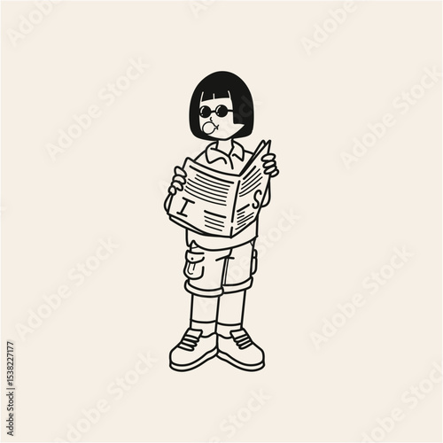 Stylish Girl Reading Newspaper Line Art Illustration
