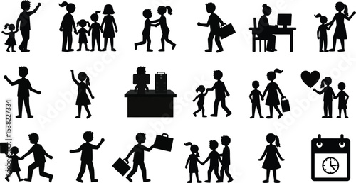 Black silhouette icon set for Please Take My Children To Work Day. Solid black vector pictograms featuring children, workplace elements like briefcase, office desk, computer, parent and child figures,