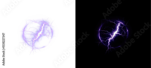 Glowing, electric, purple, lightning, and round form this powerful PNG. Dynamic PNG Overlay with transparent plasma burst ideal for storm, energy, or magical portal designs.