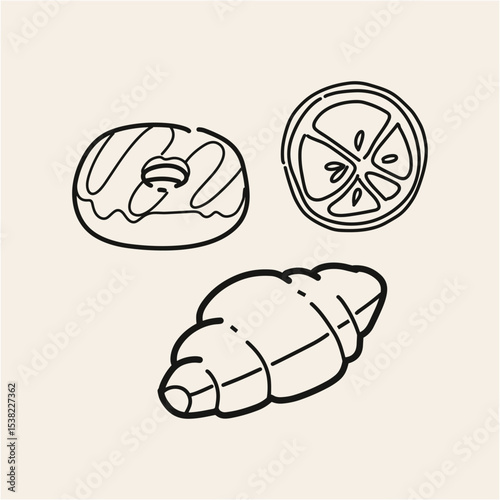 Delicious Bakery Treats Donut, Croissant, and Orange Slice Illustration