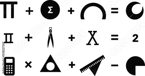 Black silhouette icon set for Tau Day. Solid black vector pictograms featuring the Greek letter tau symbol, math equation symbols, 