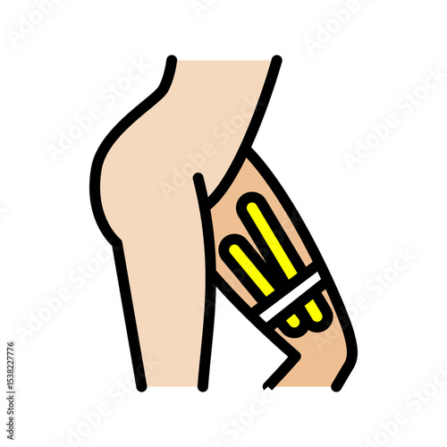Inner thigh kinesio tape strips color icon. Joints and ligaments support. Elastic therapeutic tape. Muscles swelling and pain reduction. Isolated flat symbol illustration