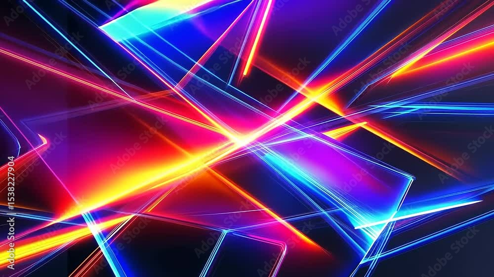 Abstract digital artwork featuring vibrant neon light streaks intersecting against a dark background
