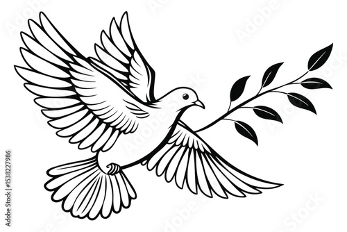 Dove flies forward carrying an olive branch in its beak, showing peace and hope