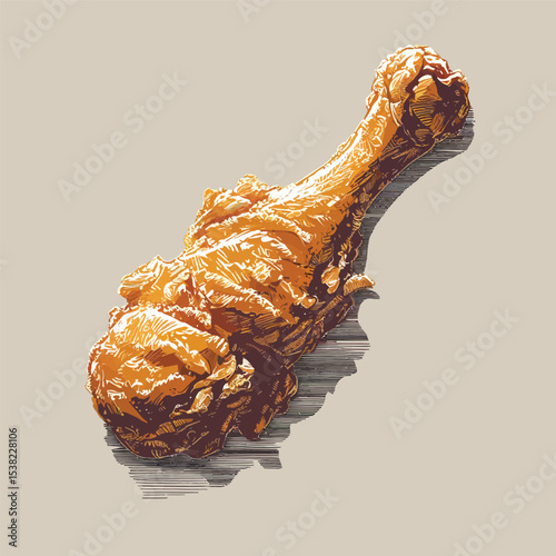 Crispy Fried Chicken Leg Illustration with Detailed Shading and Light on Beige Background