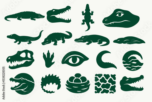 Crocodile and Alligator Silhouettes and Cartoon Icons Set