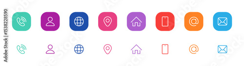 Business card icon set in line style. Contact information, Home, Phone, Location, Address, Website, mail, fax, user simple black style symbol sign for apps and website, vector illustration.