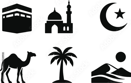 Sirat un Nabi black silhouette icon set on white background. Vector pictograms depicting Prophet Muhammad’s life journey,
