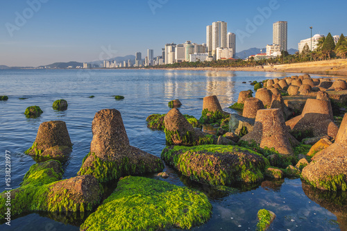 Fototapeta Naklejka Na Ścianę i Meble -  seaside embankment and green moss beach in Nha Trang city with skyscrapers in Vietnam