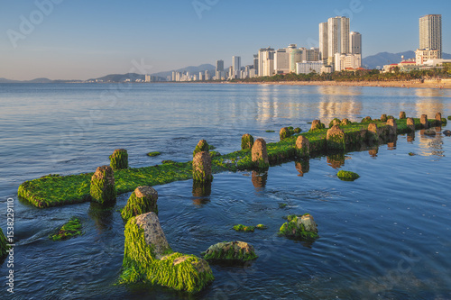 Fototapeta Naklejka Na Ścianę i Meble -  embankment and green moss beach in Nha Trang city with skyscrapers in Vietnam
