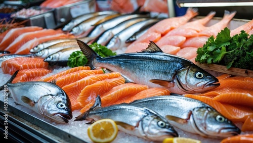 Fresh fish for sale at the seafood market, close-up view with empty copy space for text. photo