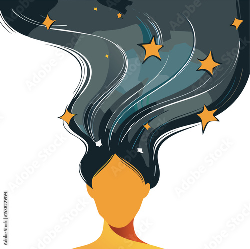 A minimalist vector illustration of a woman lying on her stomach while writing, with long dark blue flowing hair that transforms into a cosmic starry sky