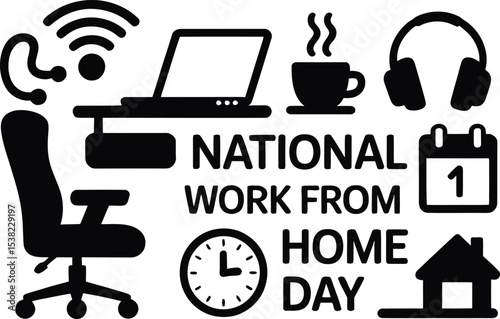 work from home, remote work, telecommuting, home office, laptop, desk, ergonomic chair, coffee cup, Wi-Fi, internet, productivity, flexible work, calendar, headset, clock, house silhouette, business f