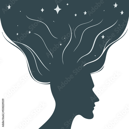 A minimalist vector illustration of a woman lying on her stomach while writing, with long dark blue flowing hair that transforms into a cosmic starry sky