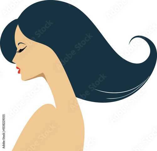 A minimalist vector illustration of a woman lying on her stomach while writing, with long dark blue flowing hair that transforms into a cosmic starry sky