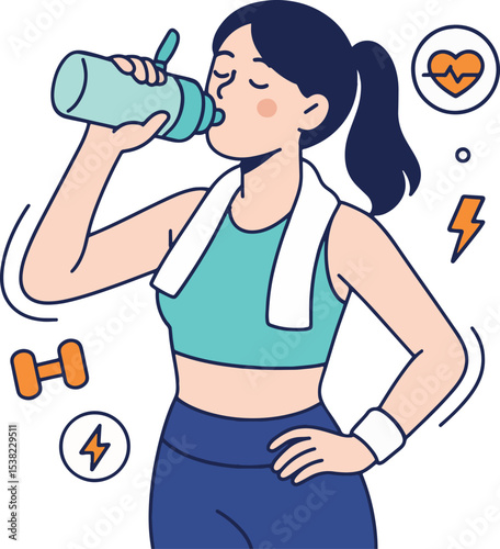 Fitness Woman Drinking Water. Vector Illustration.
