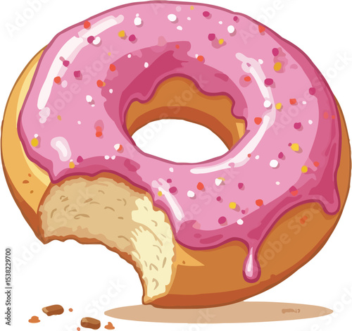 Cartoon Donut with Pink Frosting and Sprinkles Missing a Bite