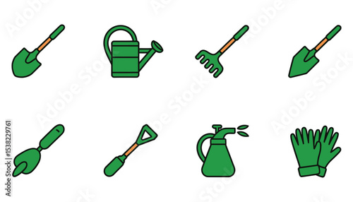 Green gardening tools icon set illustration
