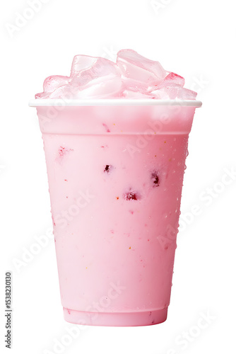 Refreshing Pink Drink with Ice in Plastic Cup Isolated on White