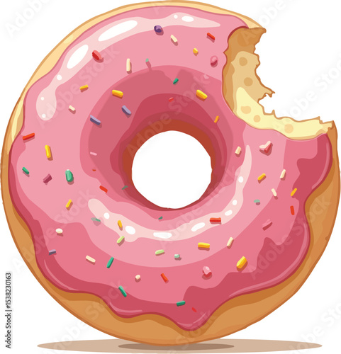 Delicious Pink Frosted Donut with Sprinkles and a Bite Taken Out